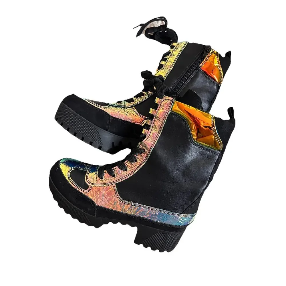 Bamboo Black Holographic Iridescent Platform Lug Sole Combat Boots Womens 7